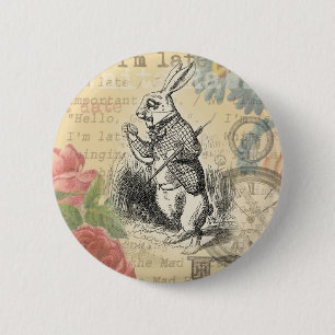 Weißes Kaninchen Alice Abenteuer Wunderland Kunst Button