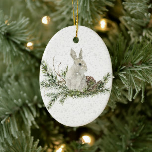 Weißes Kaninchen auf einem Schneeabend Keramik Ornament