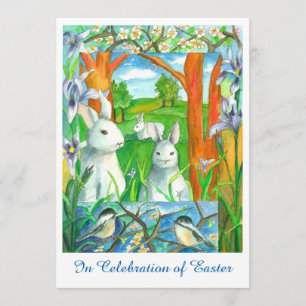 Weißes Kaninchen Chickadevögel Osterbrunch Einladung