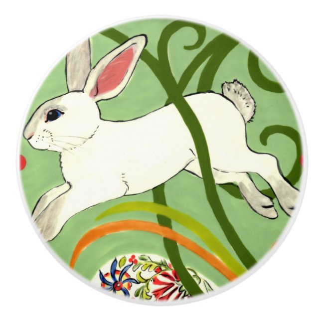 Weißes Kaninchen Grüne Art Deco Weinkeller Schubla Keramikknauf (Vorderseite)