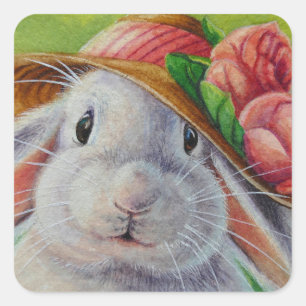 Weißes Kaninchen im Frühling Bonnet Wasserfarbe Ku Quadratischer Aufkleber