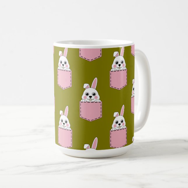 Weißes Kaninchen im rosa Taschenmuster Kaffeetasse (VorderseiteRechts)