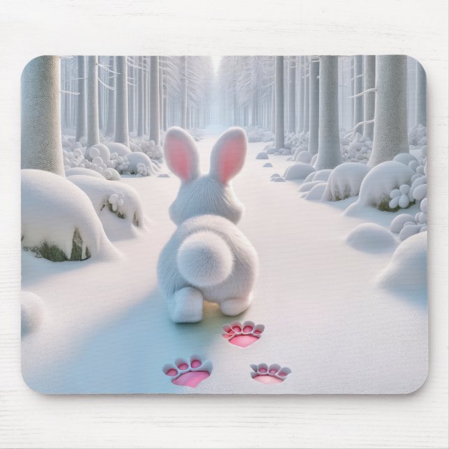 Weißes Kaninchen in einem Winterwald Mousepad (Vorne)