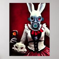 Weißes Kaninchen in einer Gasmaske