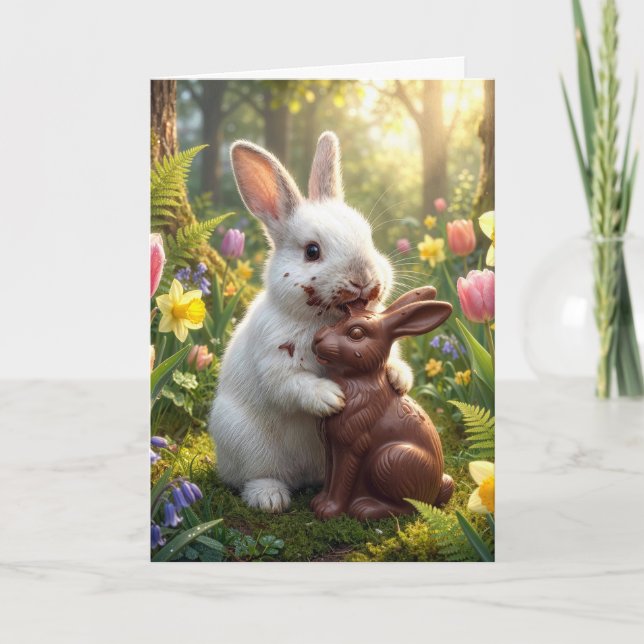 Weißes Kaninchen leckt einen Schokoladen-Osterhase Karte (Vorderseite)