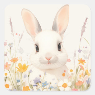 Weißes Kaninchen mit rosafarbener Nase in Frühling Quadratischer Aufkleber