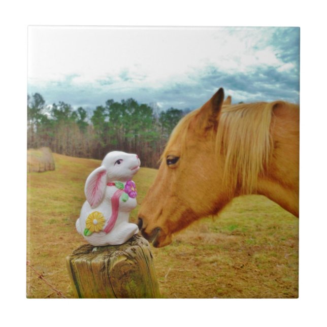 Weißes Kaninchen und Gelbes Pferd Fliese (Vorderseite)