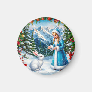 Weißes Kaninchen und Schneemädchen im Winterwald Magnet