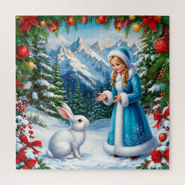 Weißes Kaninchen und Schneemeister im Winterwald Puzzle (Vertikal)