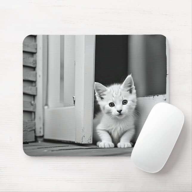 Weißes Kätzchen in der Tür Mousepad (Mit Mouse)