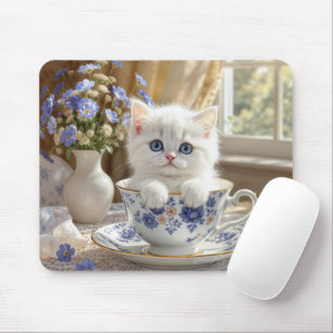 Weißes Kätzchen in einem Teacup Mousepad