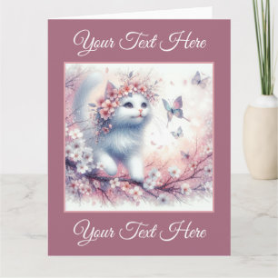 Weißes Kätzchen mit Blumen und Schmetterlingen Karte