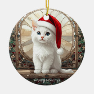 Weißes Kätzchen mit Weihnachtsmannmütze Keramik Ornament