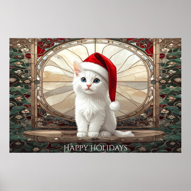Weißes Kätzchen mit Weihnachtsmannmütze Poster (Vorne)