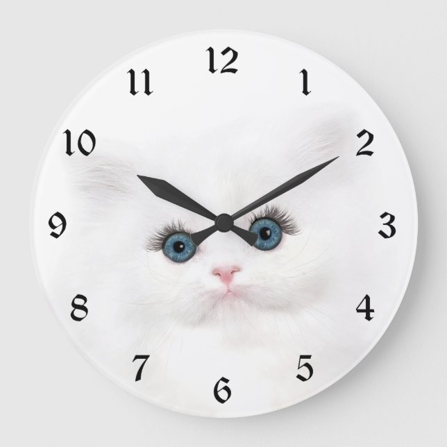 Weißes Kätzchengesicht Große Wanduhr (Vorderseite)