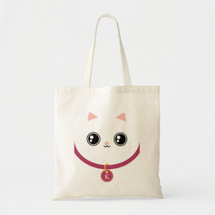 Weißes Kawaii Kitty-Katzen-Gesichts-Name-Monogram Tragetasche