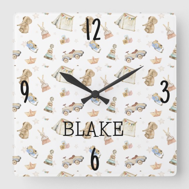 Weißes Kinderzimmer Vintages Spielzeug 10,75-in Quadratische Wanduhr (Vorderseite)