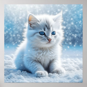 Weißes kleines Kätzchen im Schnee Weihnachten Poster