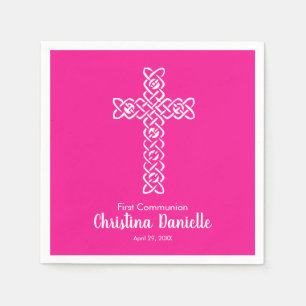 Weißes Kreuz Heiß rosa Kommunion Taufe Christening Serviette