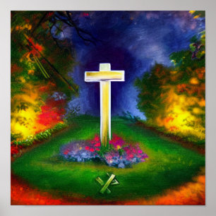 Weißes Kreuz im Garten beim Nachtposter Poster