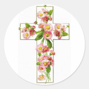 Weißes Kreuz mit rosa Blumen Runder Aufkleber