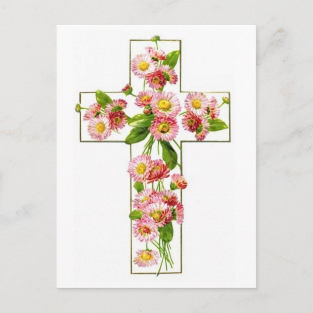 Weißes Kreuz mit rosa Florals Postkarte (Vorderseite)