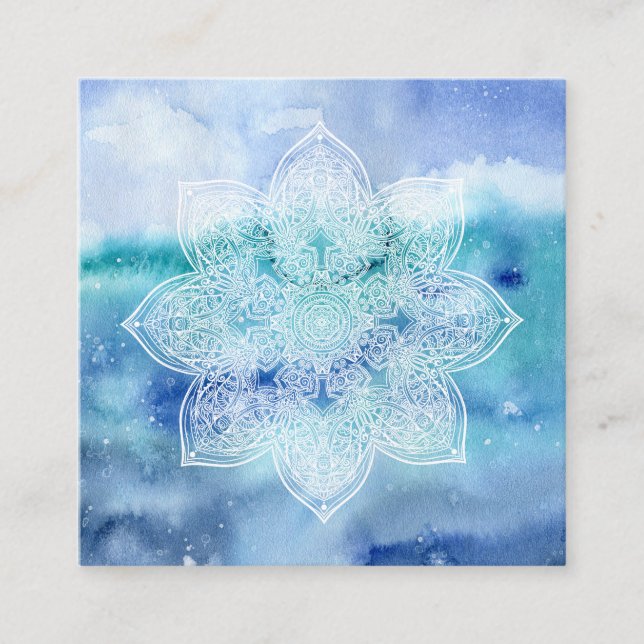 *~* weißes Lacey Mandala-Seestrand-Ozean-Aquarell Quadratische Visitenkarte (Vorderseite)