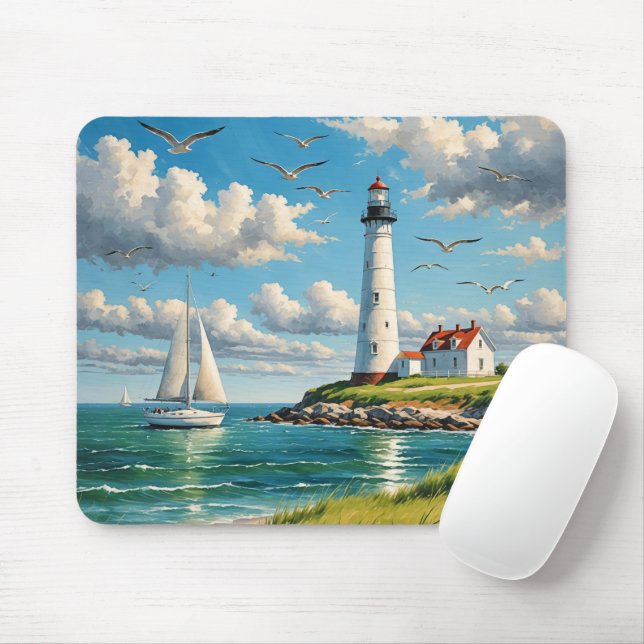 Weißes Leuchtturm mit Segelboot Mousepad (Mit Mouse)