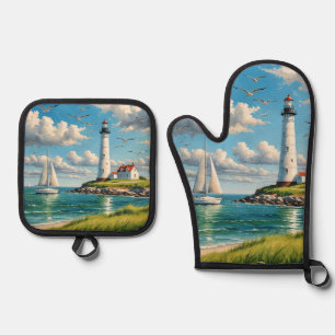 Weißes Leuchtturm mit Segelboot Ofenhandschuh & Topflappen-Set