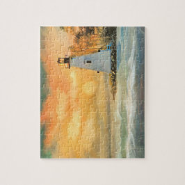 Weißes Leuchtturm und Sunset Puzzle