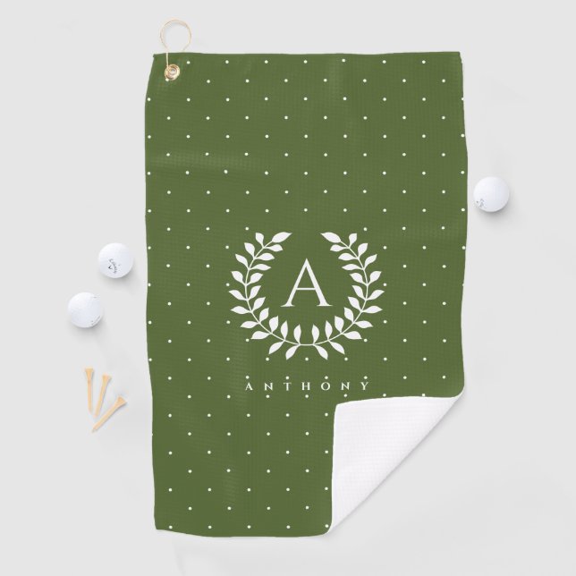 Weißes Lorbeer-Monogramm-Polka-Punkt-Muster auf Gr Golfhandtuch (Insitu)