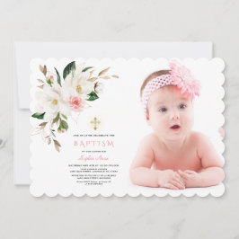 Weißes Magnolia Foto Girl Taufe Einladung