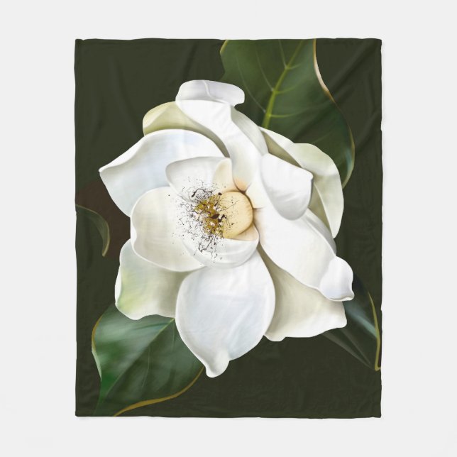 Weißes Magnolia Grüner Hintergrund Fleecedecke (Vorderseite)