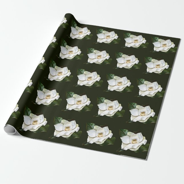 Weißes Magnolia Grüner Hintergrund Geschenkpapier (Ungerollt)