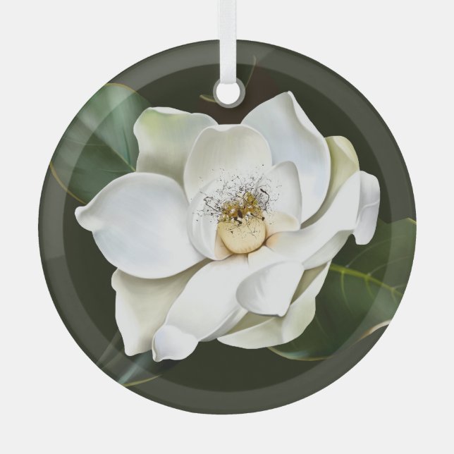 Weißes Magnolia Grüner Hintergrund Ornament Aus Glas (Vorderseite)
