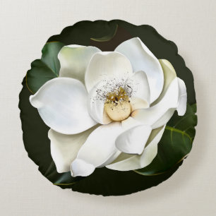 Weißes Magnolia Grüner Hintergrund Rundes Kissen