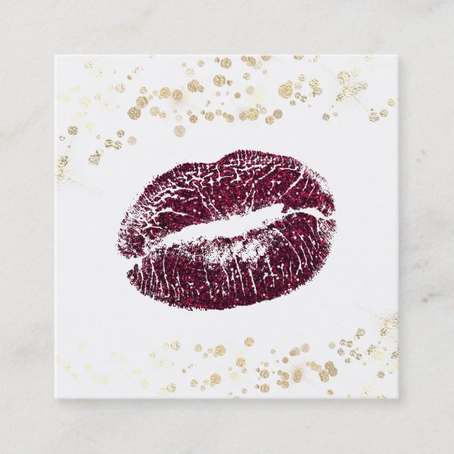 *~* Weißes Makeup Burgundy Lips Gold Confetti Quadratische Visitenkarte (Vorderseite)