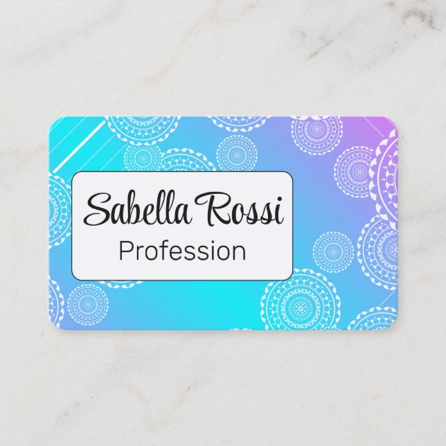 Weißes Mandala auf Aqua Pink Blend Regenbogen Weiß Visitenkarte (Vorderseite)