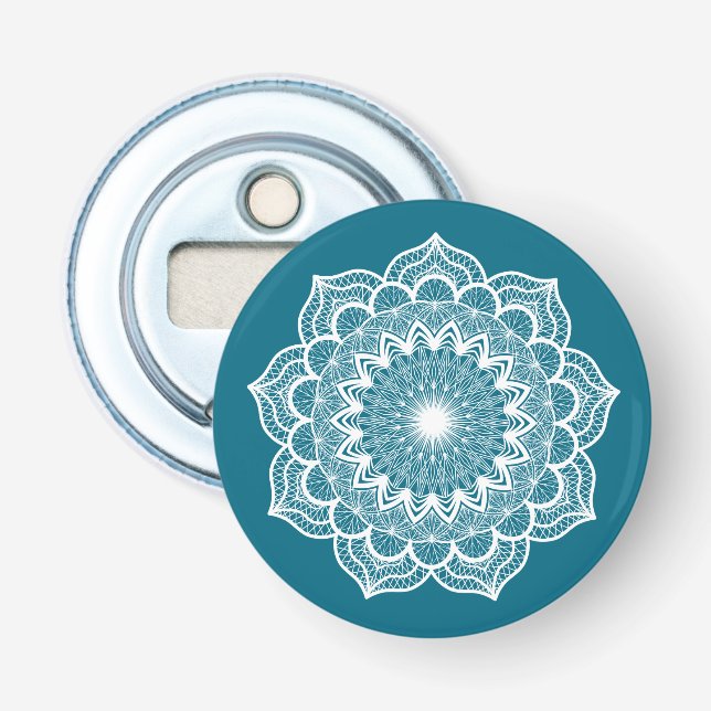 Weisses Mandala auf blauem Hintergrund Flaschenöffner (Vorderseite)