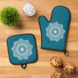 Weißes Mandala auf blauem Hintergrund Ofenhandschuh & Topflappen-Set
