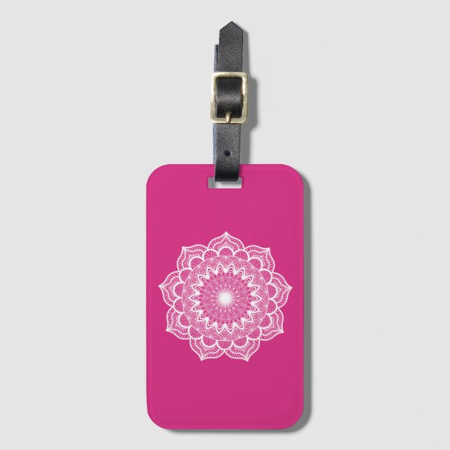 Weisses Mandala auf rosa Hintergrund Gepäckanhänger (Vorderseite Vertikal)