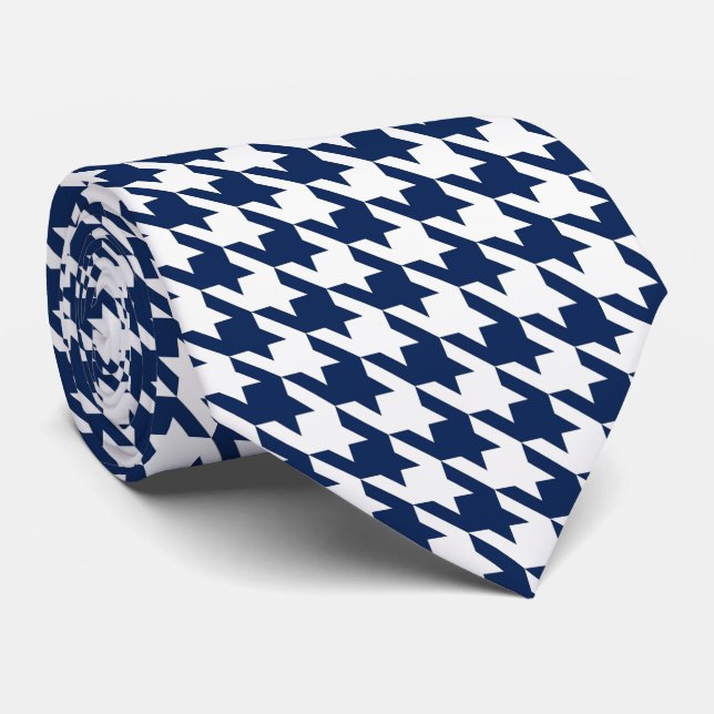 Weißes Marine-Blau Pied de Poule Houndstooth Krawatte (Gerollt)