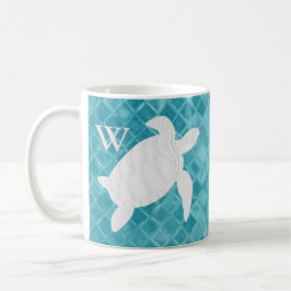 Weißes Meeresschildkröte-Aqua-Seeglas-Monogramm Kaffeetasse