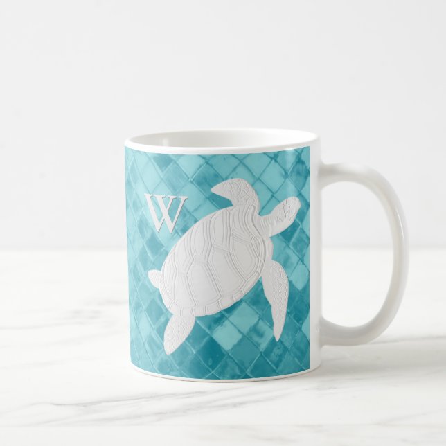 Weißes Meeresschildkröte-Aqua-Seeglas-Monogramm Kaffeetasse (Rechts)