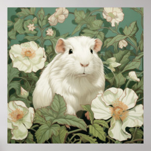 Weißes Meerschweinchen mit Blumenhintergrund Poster