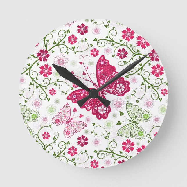 Weißes mit Blumenmuster Runde Wanduhr (Vorderseite)