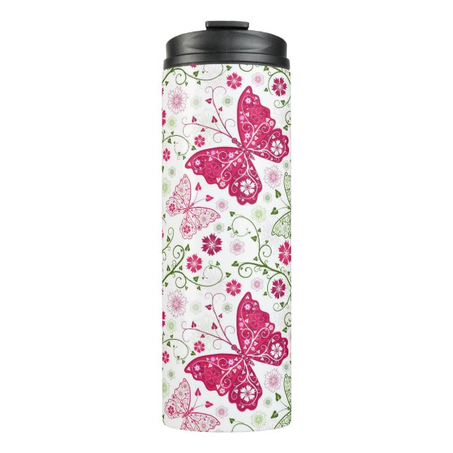 Weißes mit Blumenmuster Thermosbecher (Vorderseite)