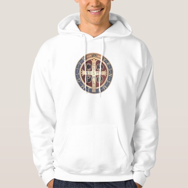 Weißes mit Kapuze Sweatshirt mit Medaille von St. (Vorderseite)