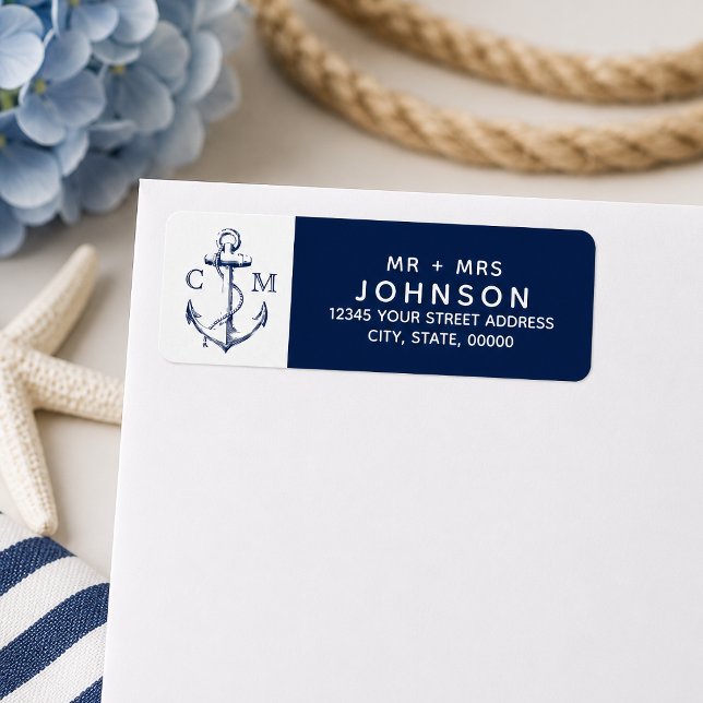 Weißes Monogramm für den Anker der Nautischen Navy (Navy nautical sketch anchor address labels for the couple.
)