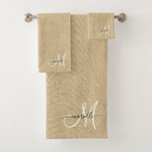 Weißes Monogramm Imitat Leinenstrohkaramel Badhandtuch Set